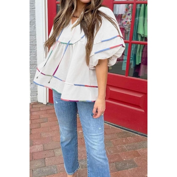 Cicy Bell | Multicolored Rainbow Striping Lightweight Boho Blouse Peasant Top - Picture 15 of 15